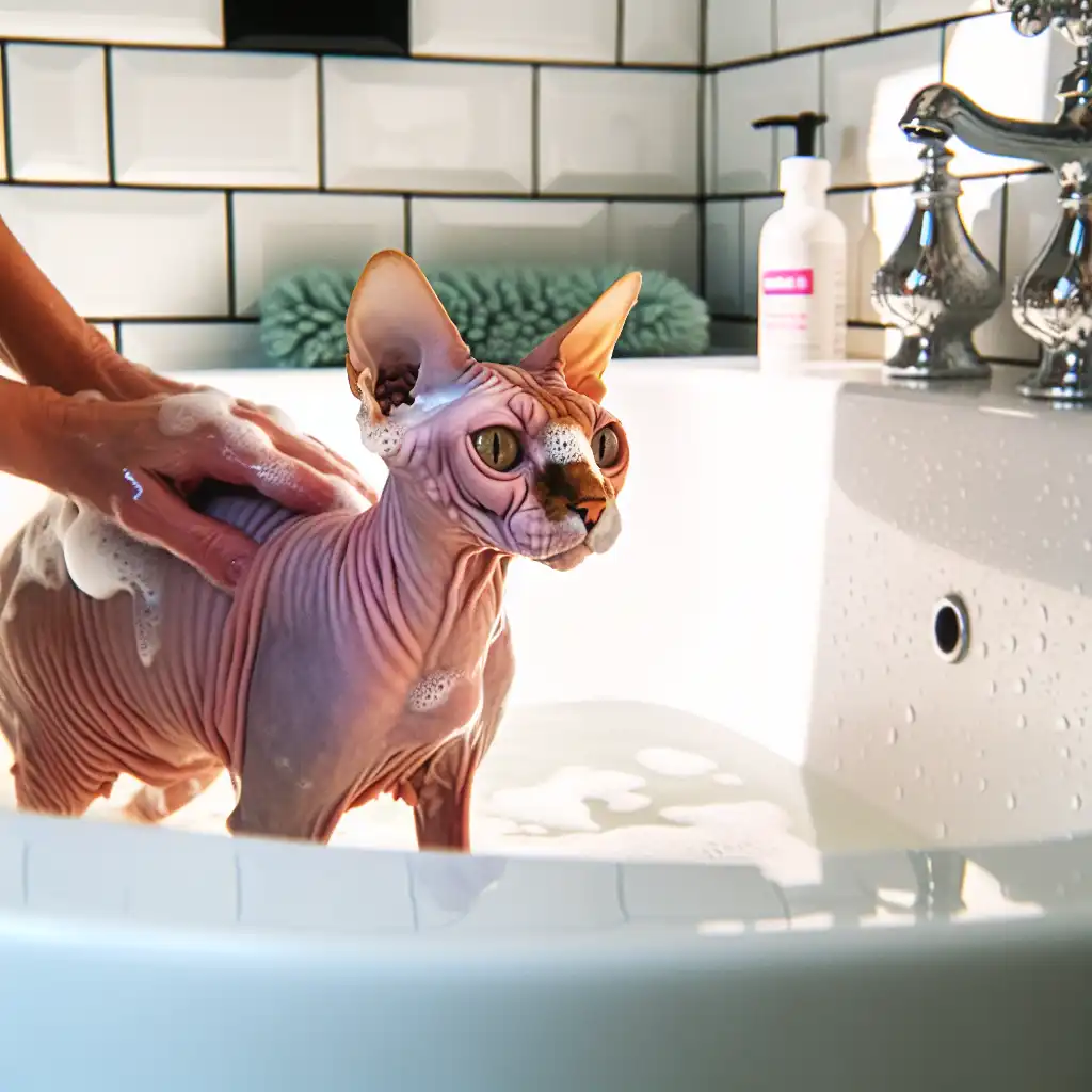 Процесс купания кошки сфинкса в ванне с использованием специального шампуня