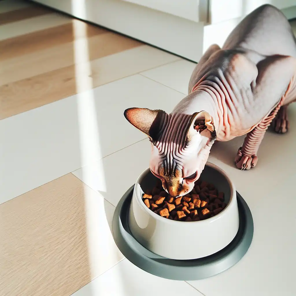 Кошка сфинкс ест из керамической миски с высокобелковым кормом