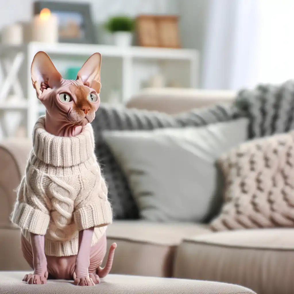 Кошка сфинкса в теплом вязаном свитере сидит на диване в домашней обстановке