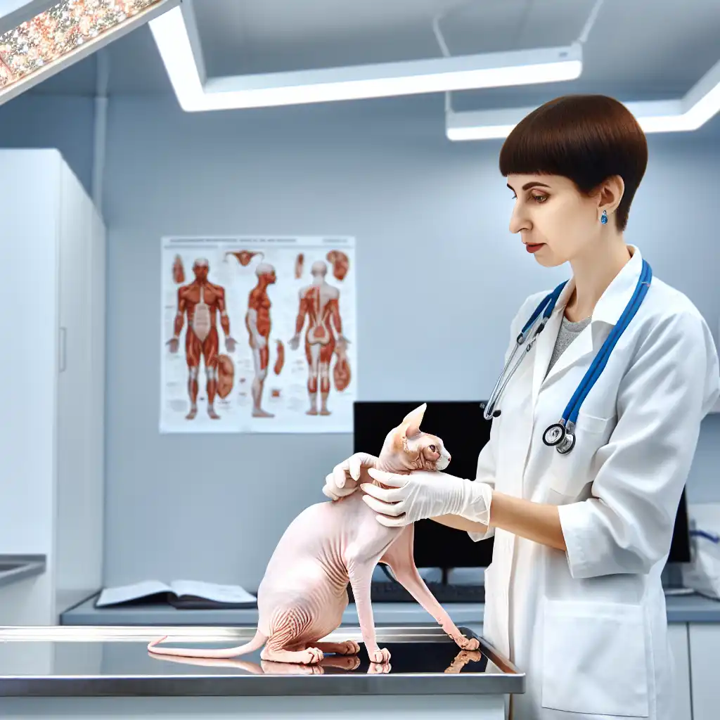 Ветеринарный врач проводит профилактический осмотр кошки породы сфинкс в клинике