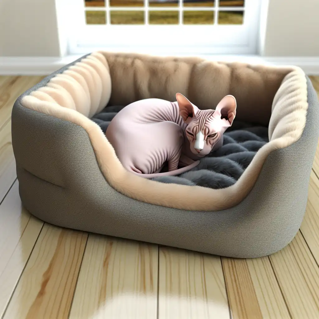 Кошка сфинкса спит в специальной утепленной лежанке с мягкой подкладкой