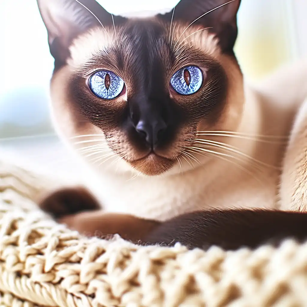 Сиамская кошка с голубыми глазами смотрит с преданностью и нежностью