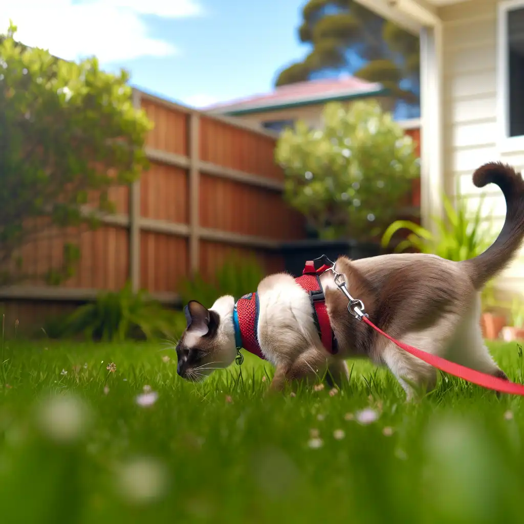 Сиамская кошка на поводке безопасно гуляет в огороженном дворе