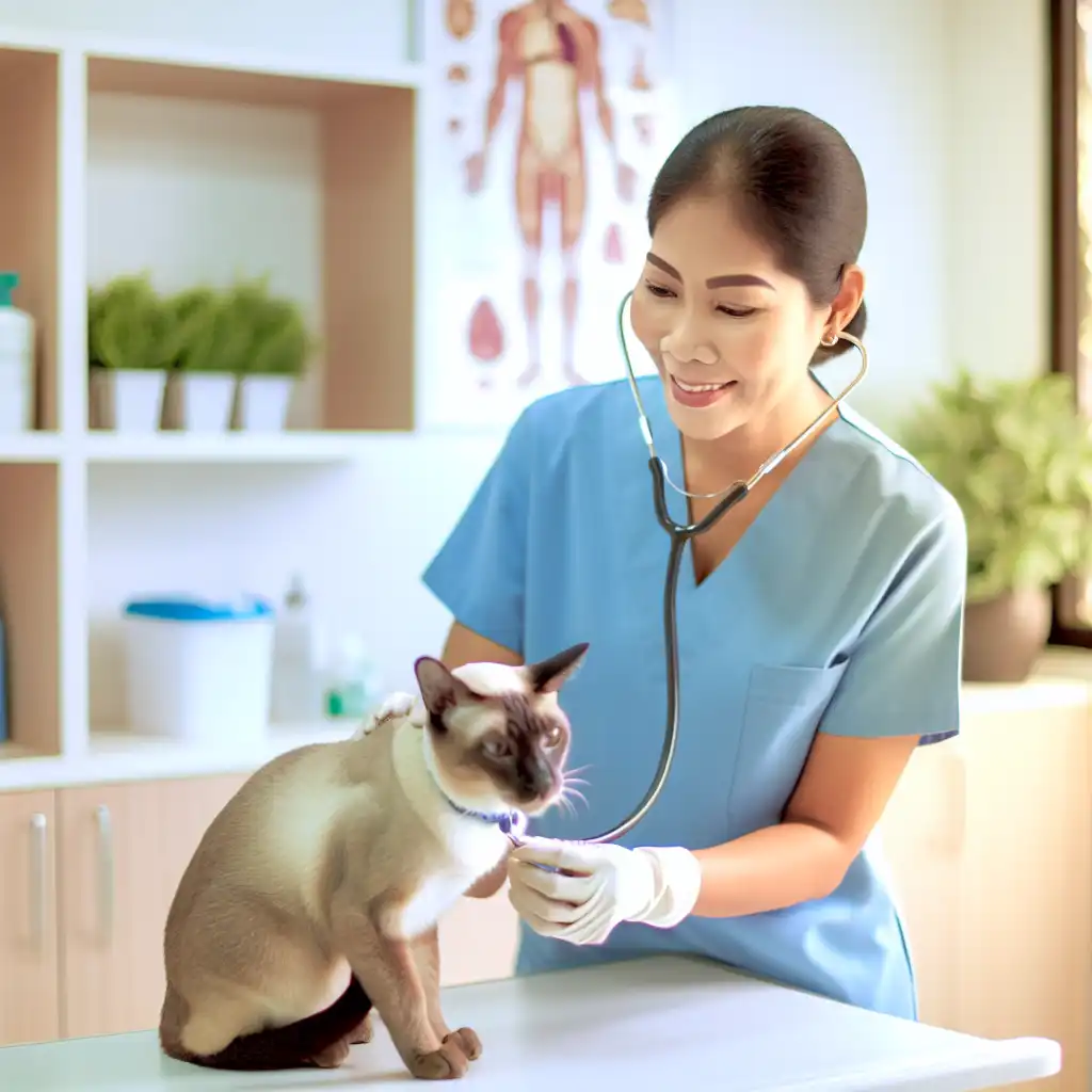 Ветеринар проводит осмотр сиамской кошки в уютной клинике