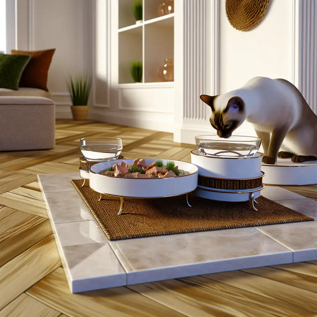 Сиамская кошка ест качественный корм из керамической миски в домашней обстановке