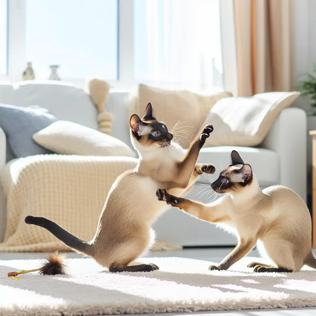 Две сиамские кошки весело играют вместе в уютной домашней обстановке