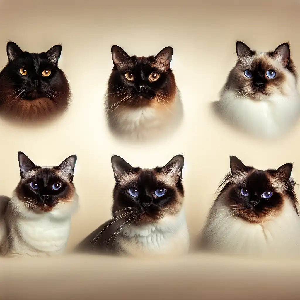 Портреты разных пород кошек-долгожителей: бурманская, сиамская, рэгдолл, русская голубая и персидская