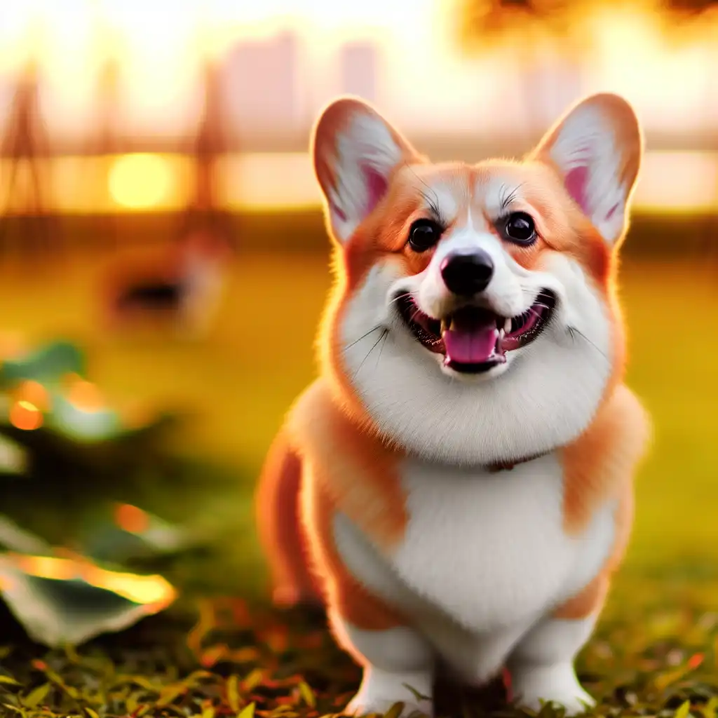 Вельш-корги пемброк на прогулке в парке в золотой час