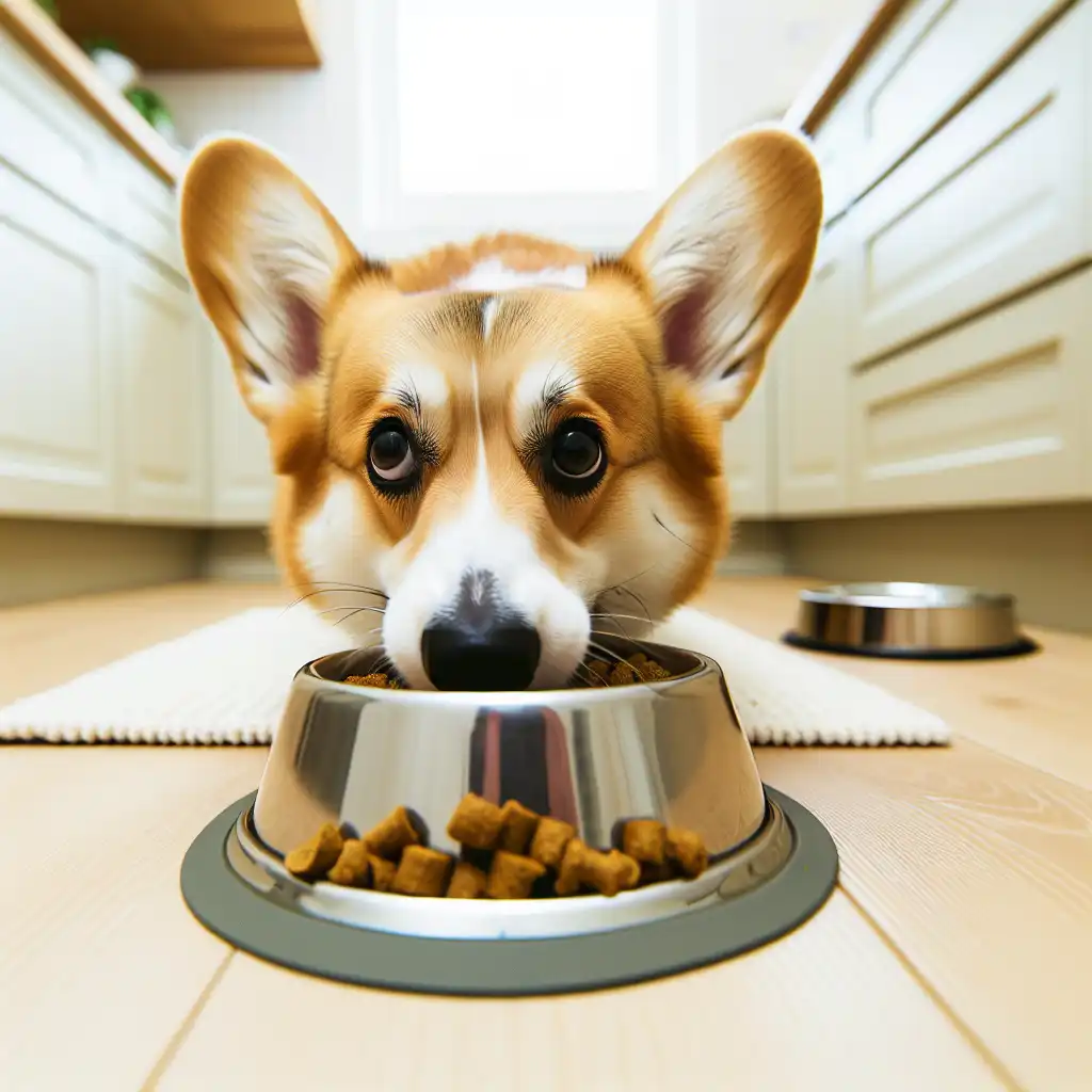 Корги ест из миски в домашней обстановке с правильным сбалансированным питанием