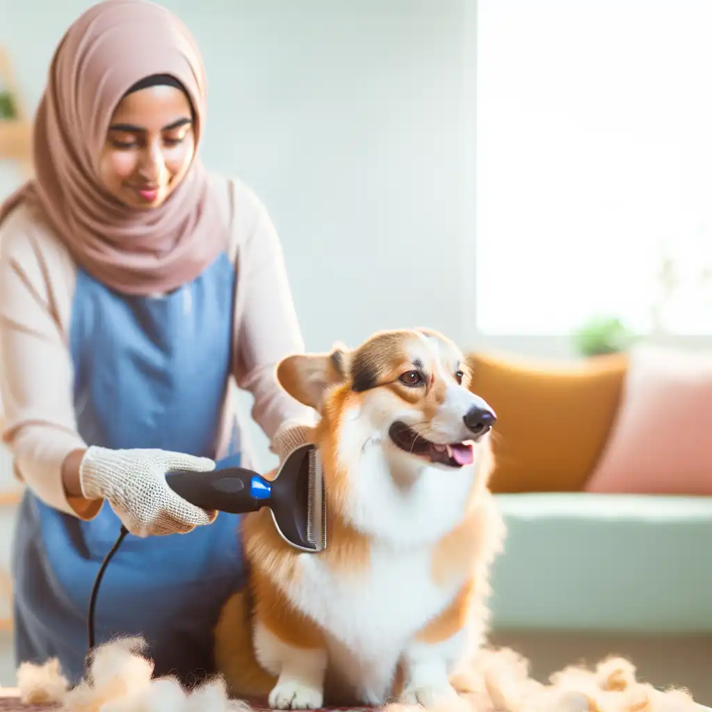 Владелец вычёсывает корги фурминатором во время сезонной линьки в домашних условиях