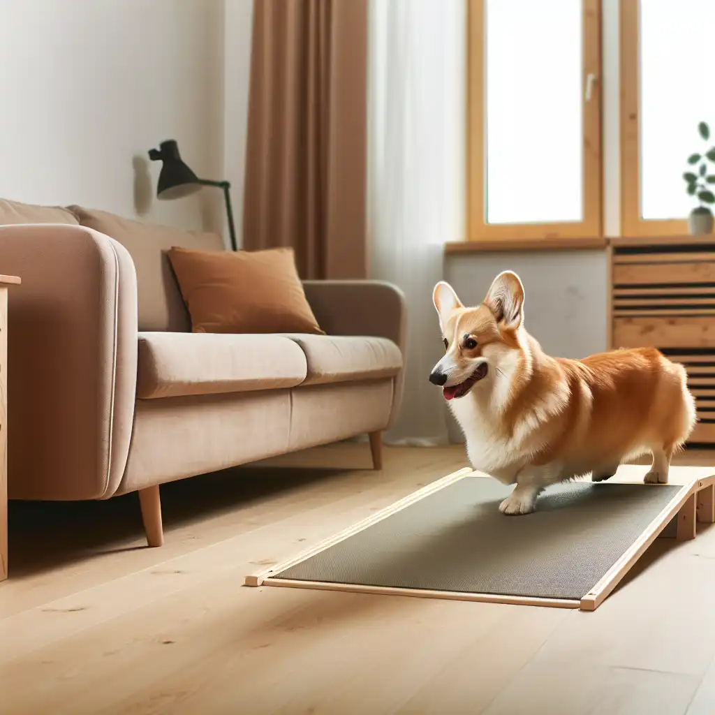 Корги использует специальный пандус для безопасного доступа к дивану без прыжков