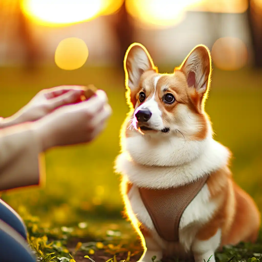Дрессировка корги на улице с положительным подкреплением в парке