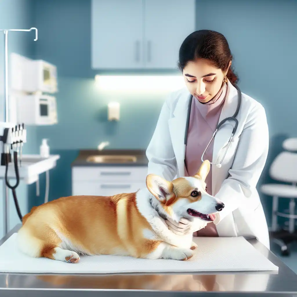 Ветеринарный осмотр корги для профилактики заболеваний позвоночника и суставов
