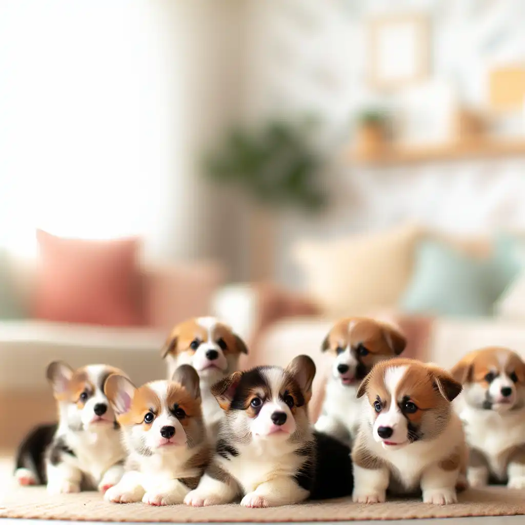 Щенки корги разных окрасов — трёхцветные, рыжие и соболиные — в домашней обстановке