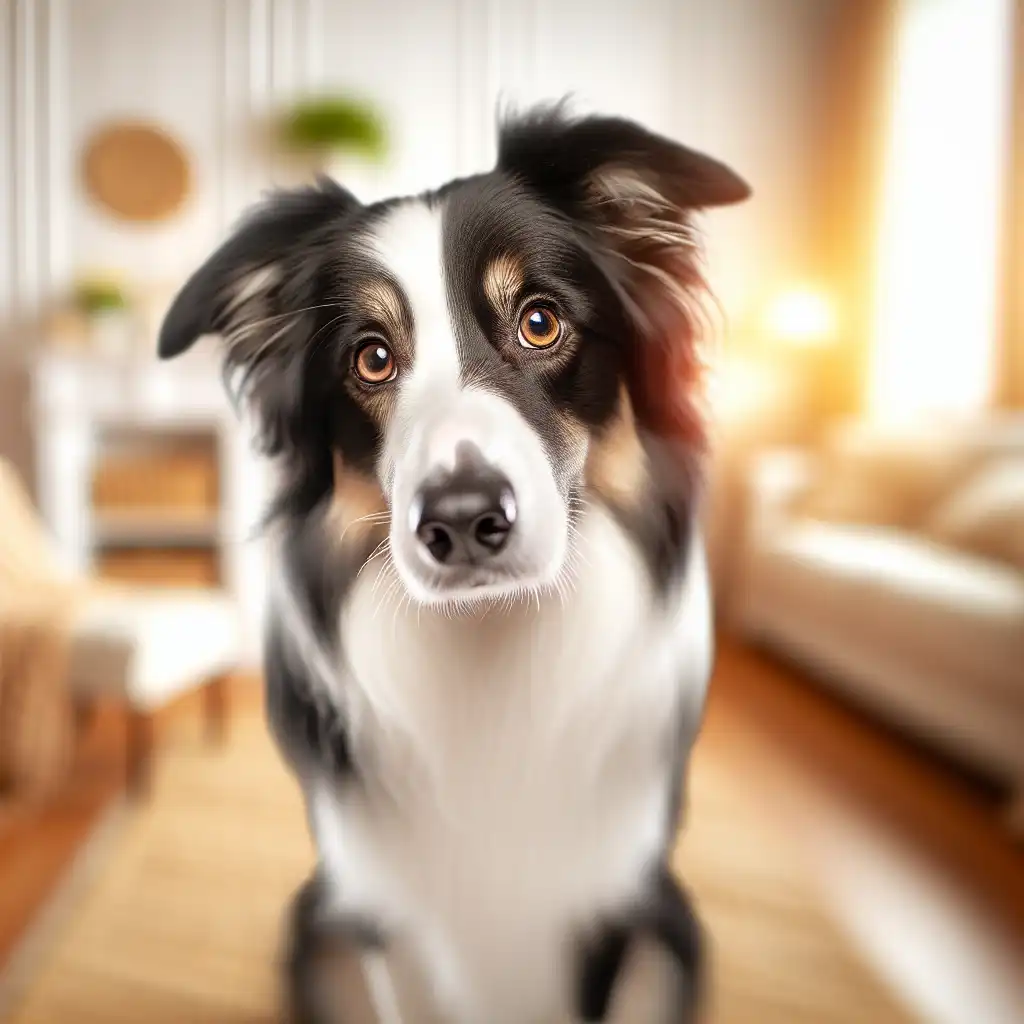 Портрет умной бордер-колли с выразительными глазами в домашней обстановке