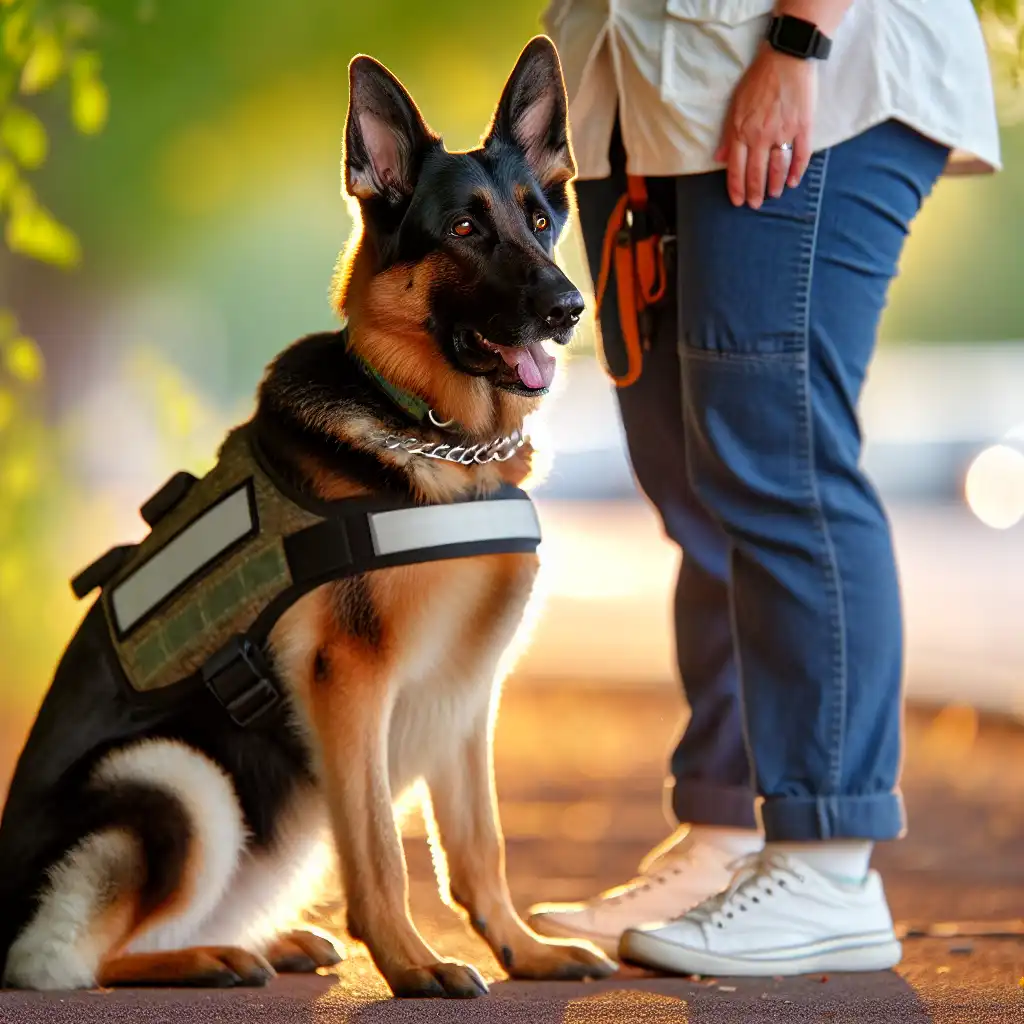 Немецкая овчарка на службе с проводником в парке