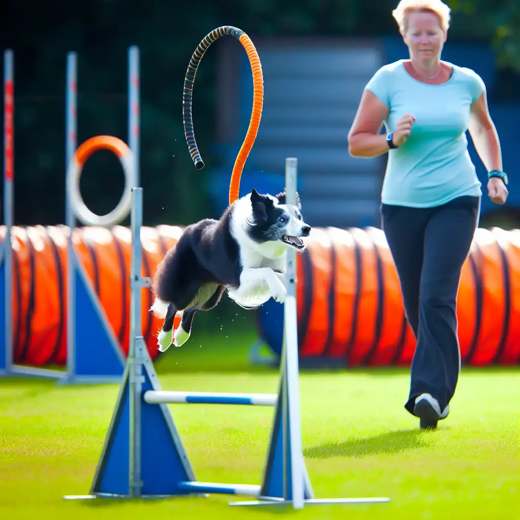 Собака проходит трассу аджилити с проводником на тренировке