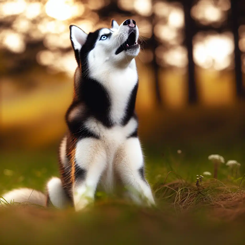 Хаски воет запрокинув голову на фоне природы в золотых лучах солнца