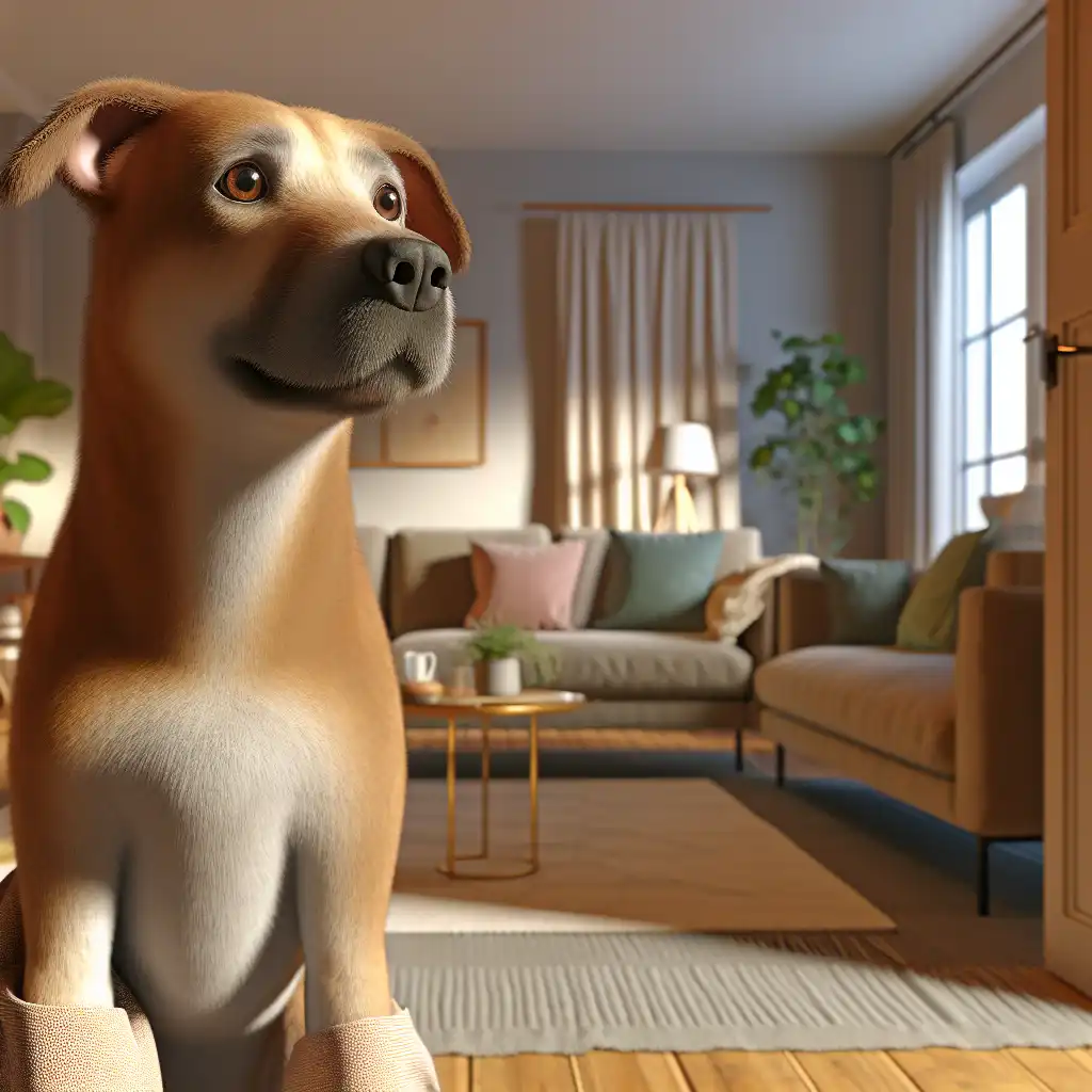 Грустная собака одна дома сидит у двери в ожидании хозяина в уютной гостиной