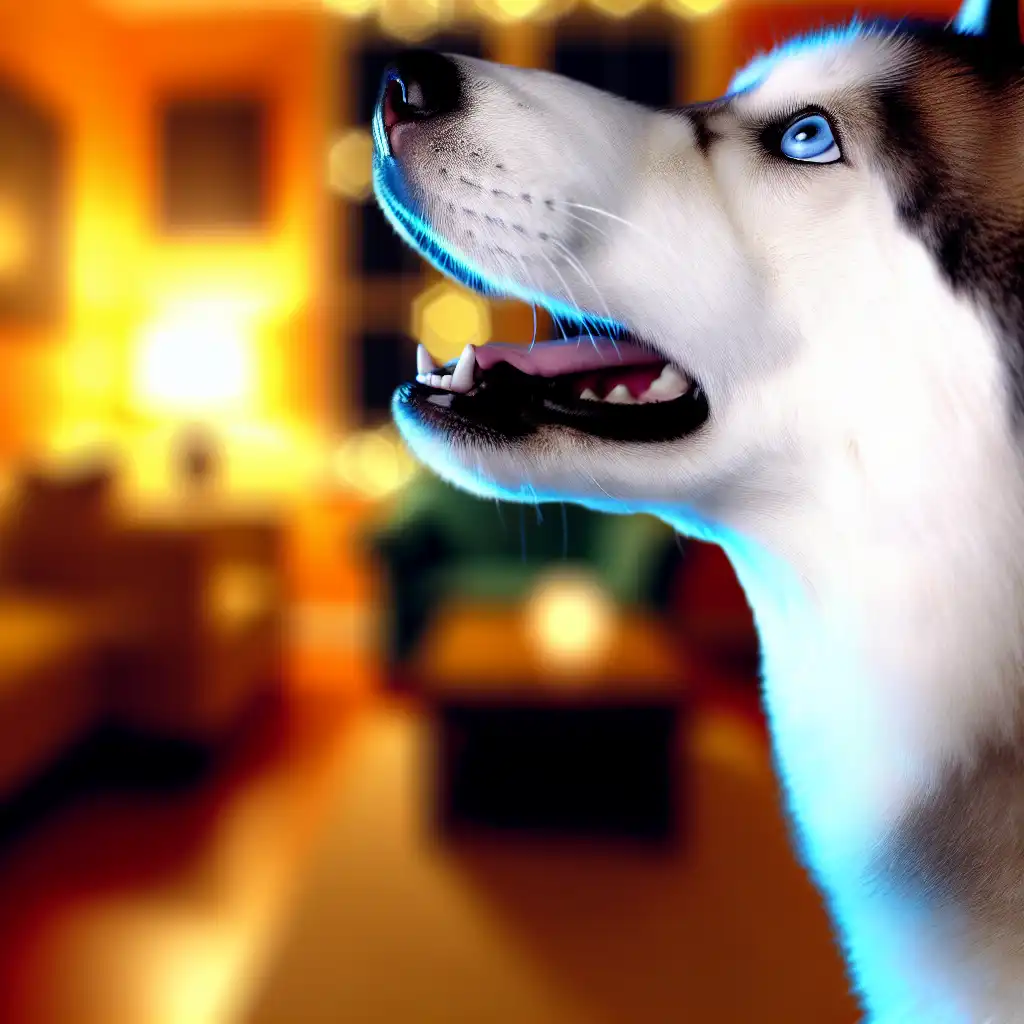 Хаски воет ночью дома при мягком освещении лампы и лунном свете из окна