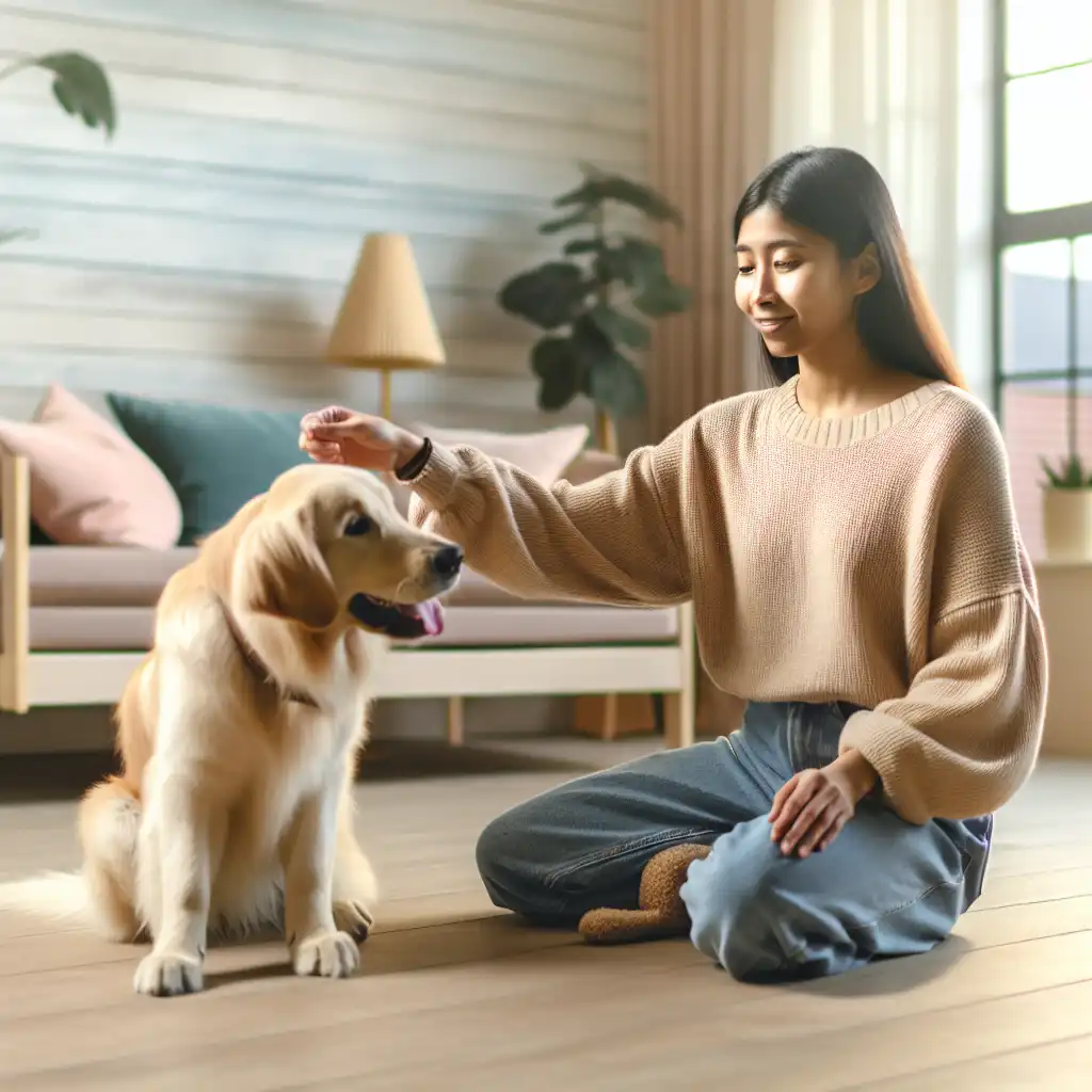 Хозяйка обучает собаку команде тихо дома с помощью позитивного подкрепления лакомством