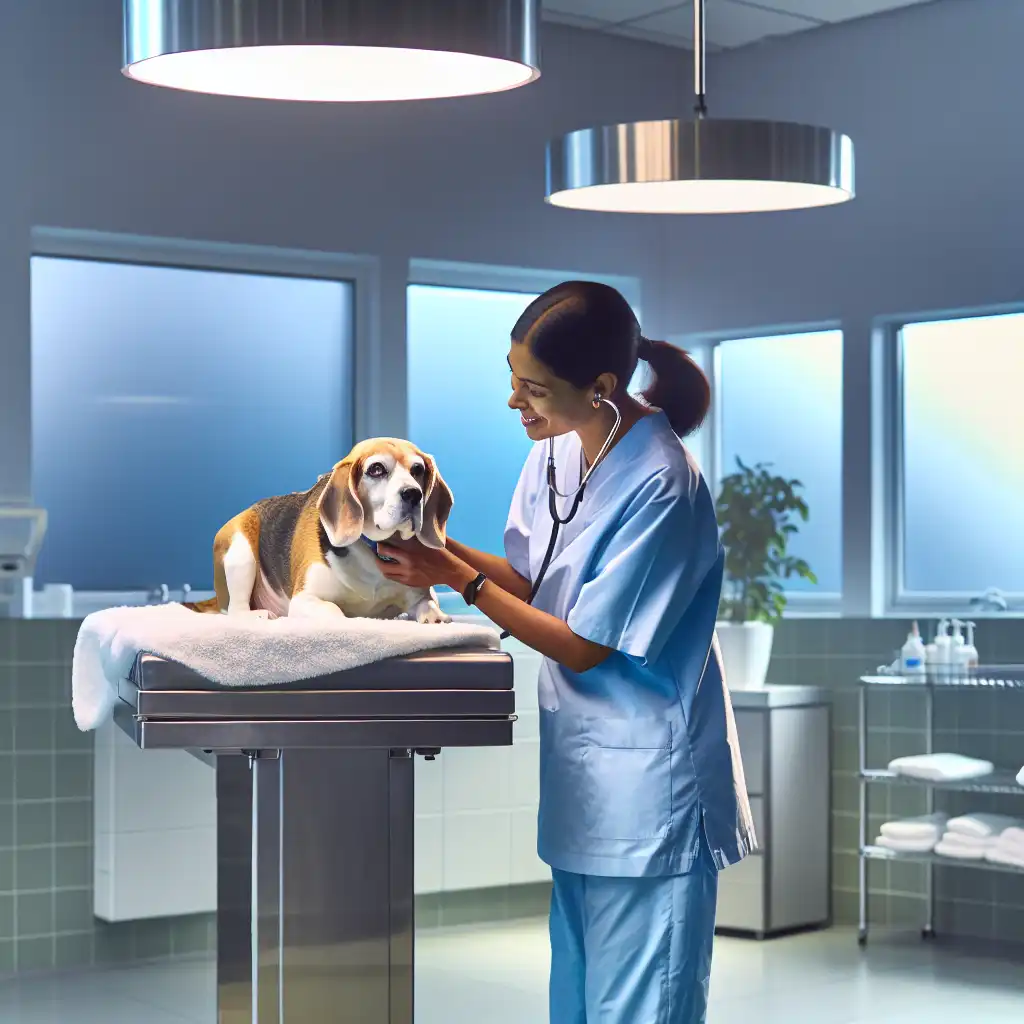 Ветеринар осматривает собаку в клинике в присутствии заботливой хозяйки