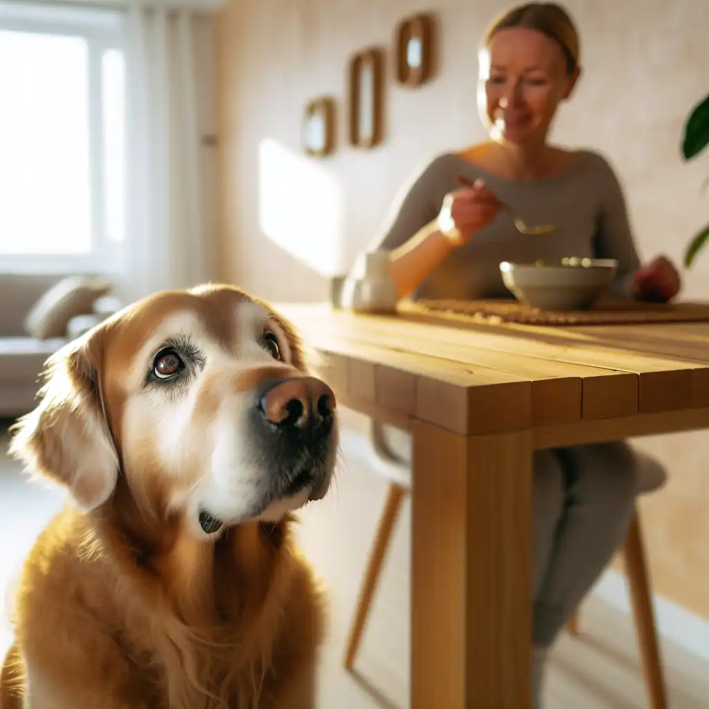 Собака с умоляющим взглядом просит еду у хозяйки за обеденным столом