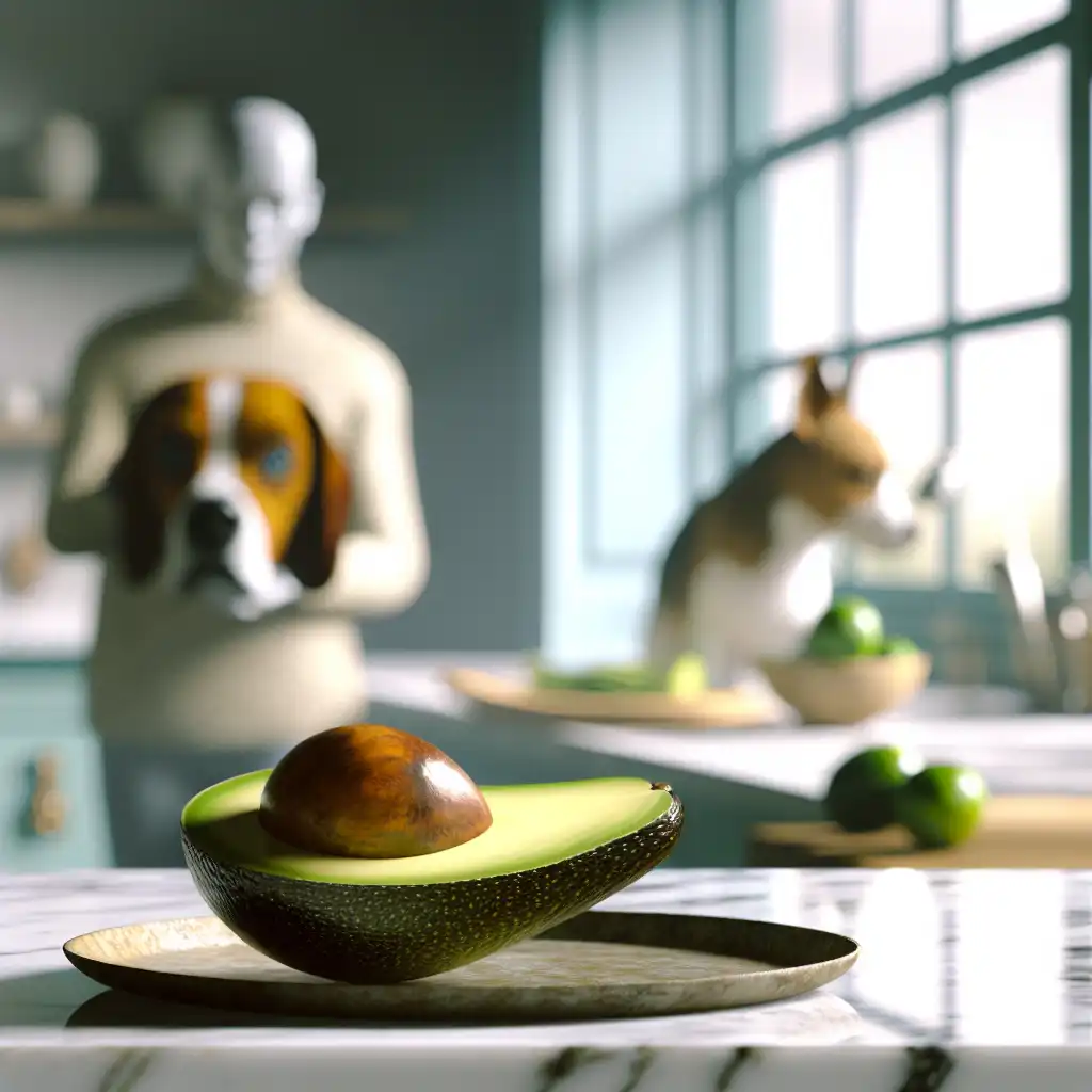 Половинка авокадо с косточкой на кухонном столе, хозяйка оберегает собаку