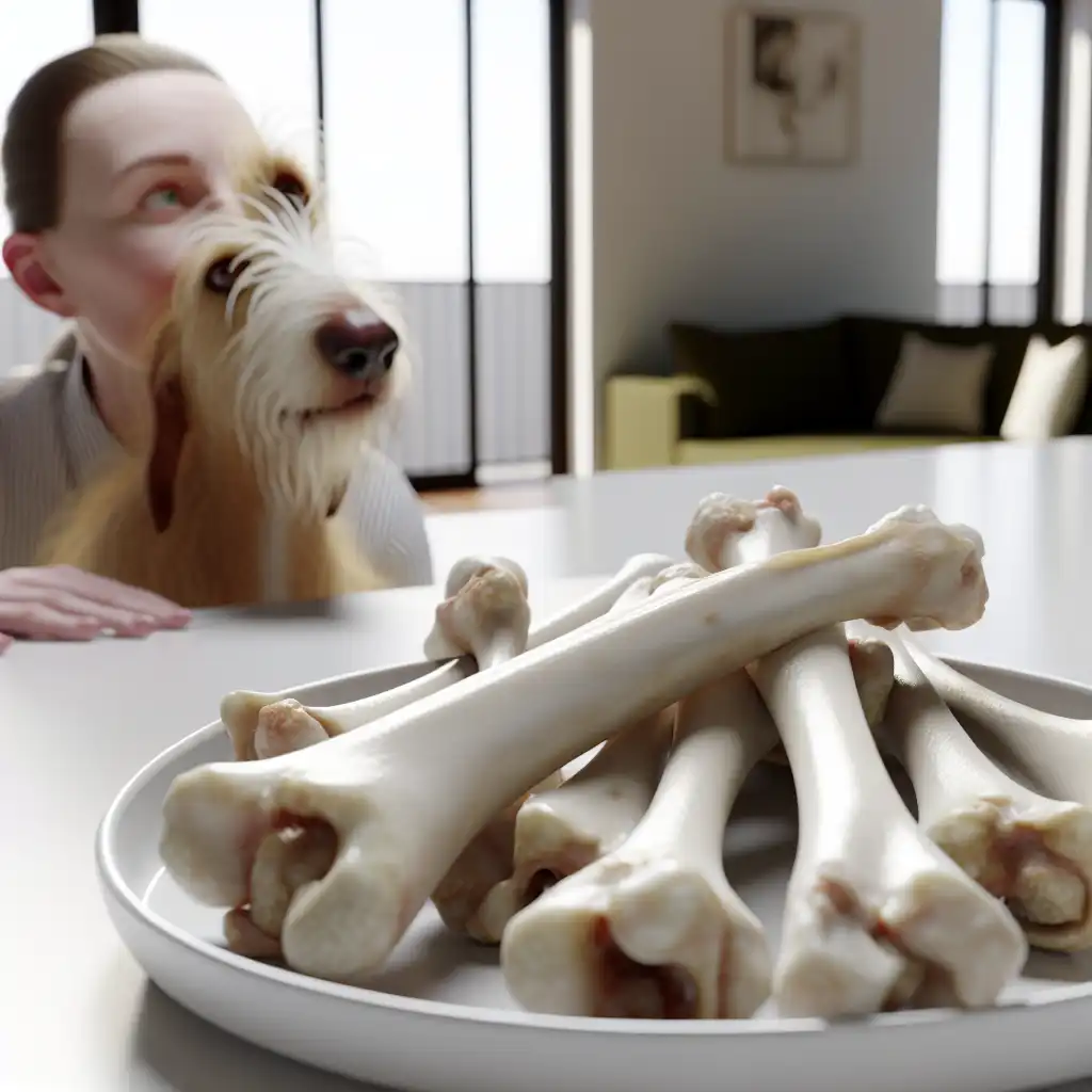 Варёные куриные кости на тарелке, хозяйка защищает собаку от опасности
