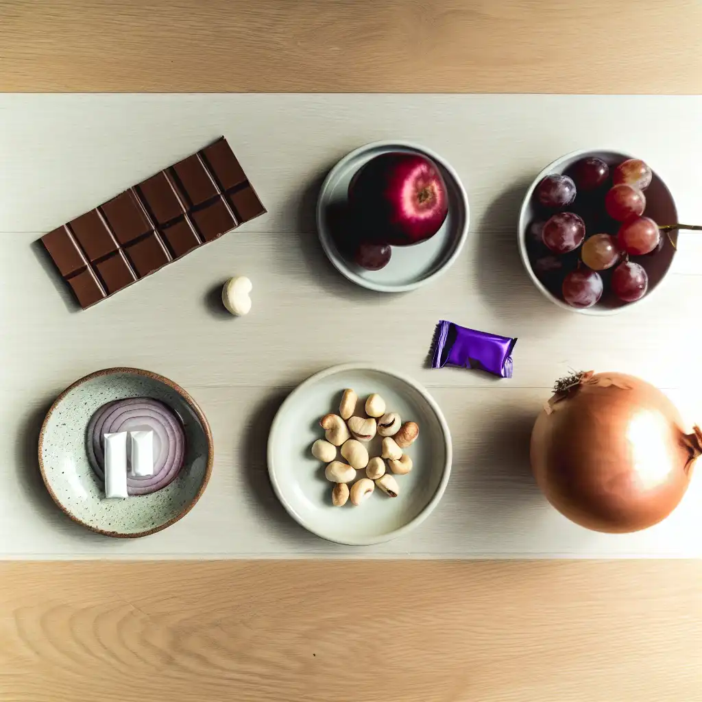 Опасные продукты для собак: шоколад, виноград, орехи макадамия и ксилит на столе