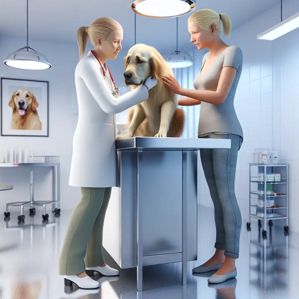 Ветеринар осматривает собаку в клинике, рядом стоит обеспокоенная хозяйка