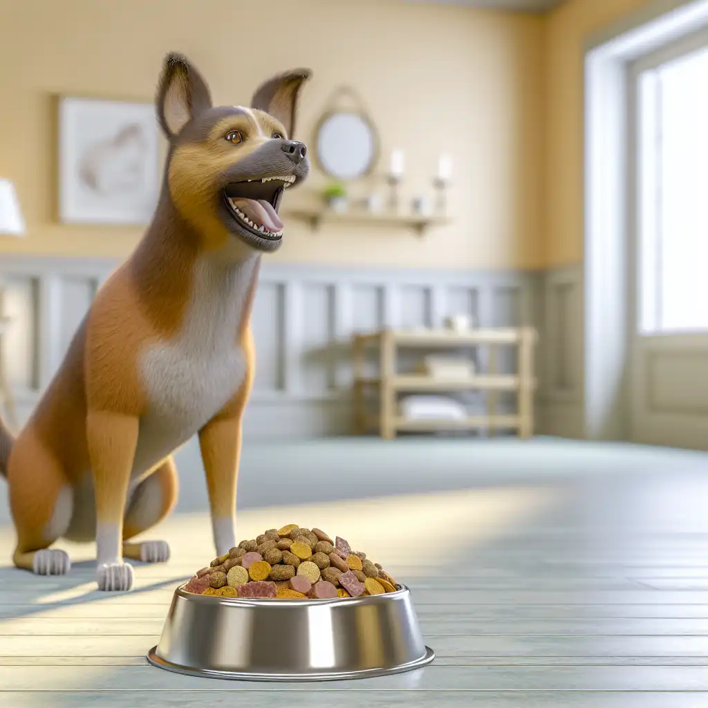 Здоровая собака сидит рядом с миской качественного корма на кухне
