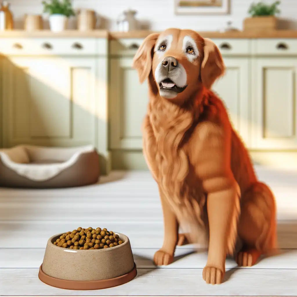 Счастливая здоровая собака рядом с миской правильного корма в уютной кухне