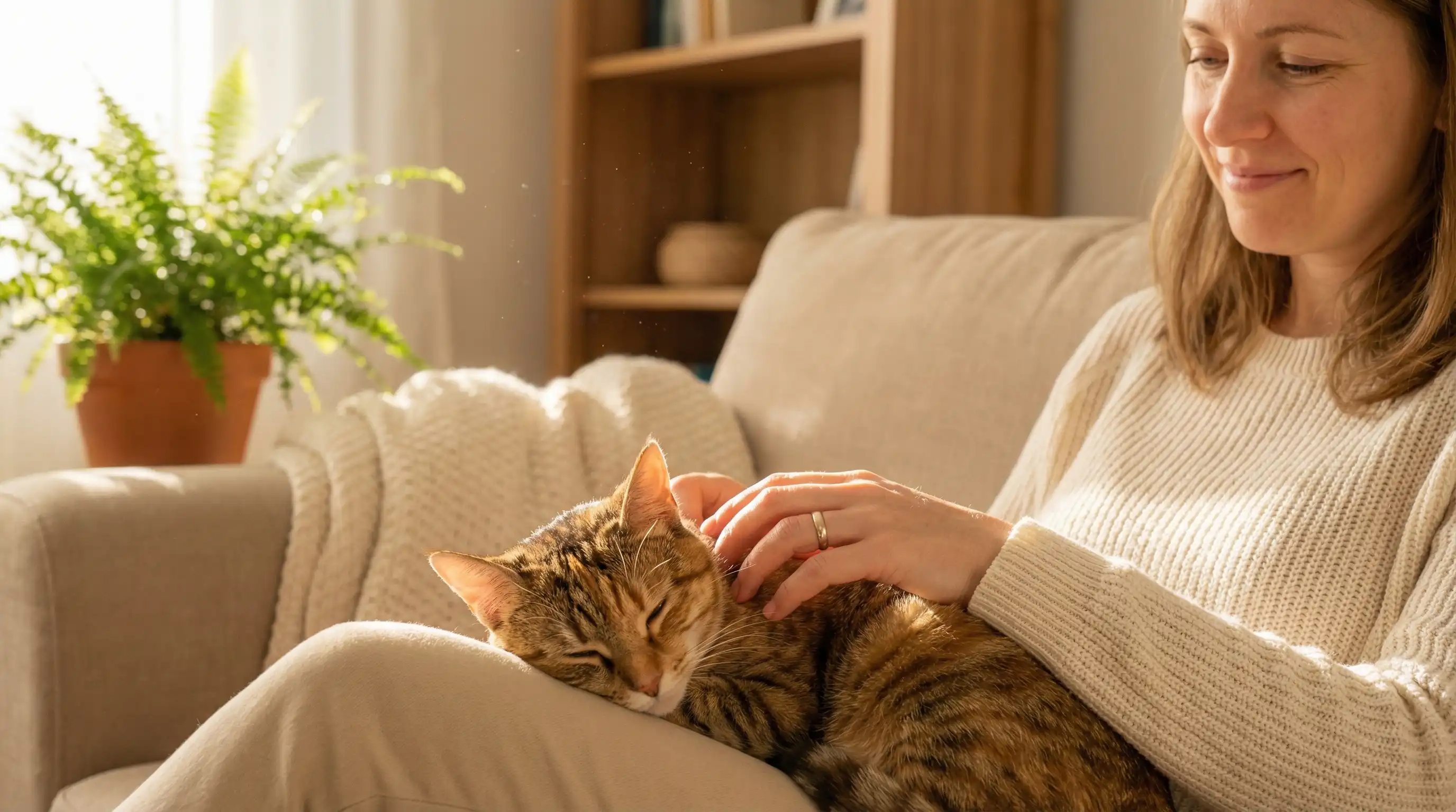 Женщина гладит мурлыкающего кота на коленях в уютной домашней обстановке