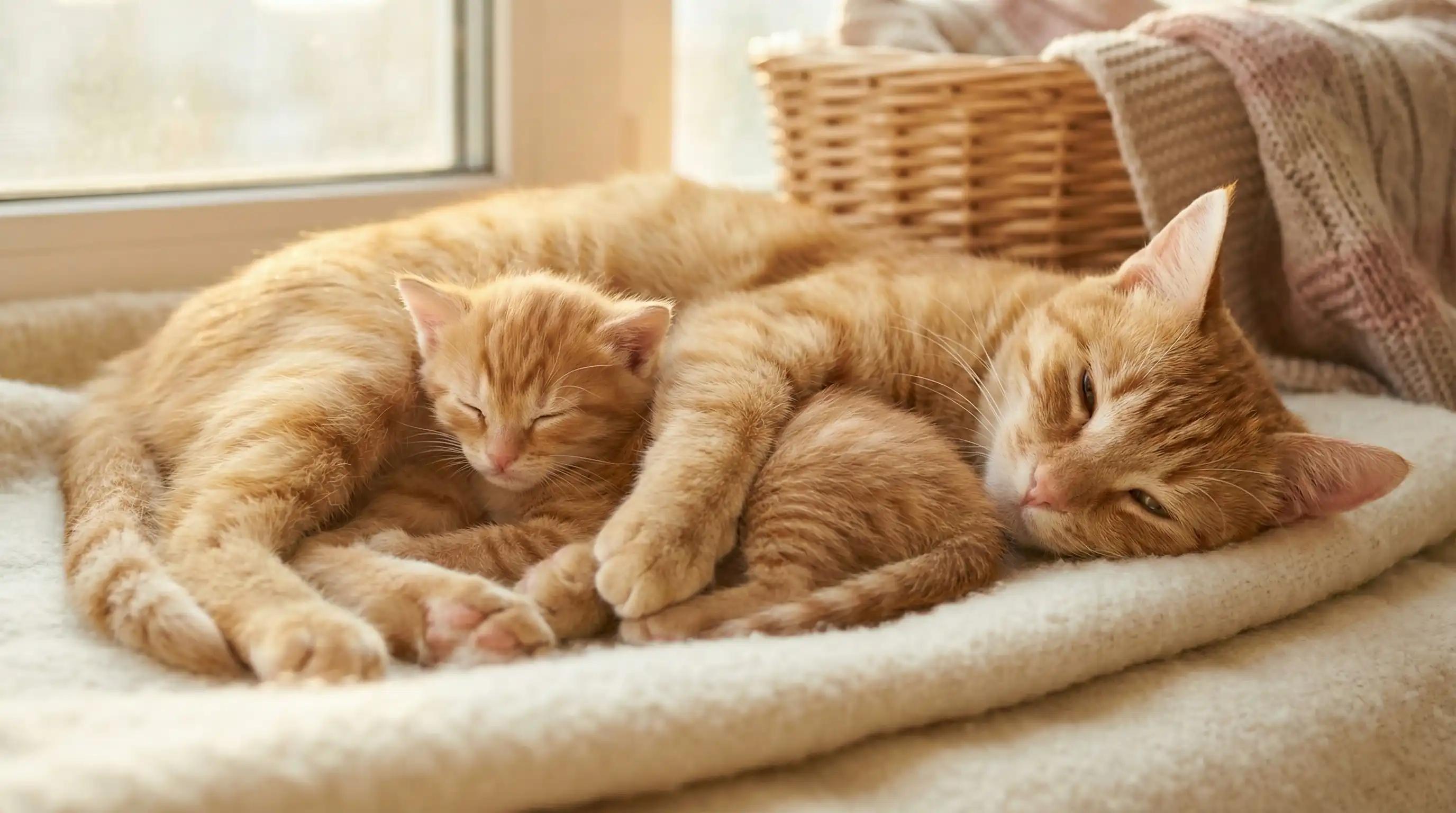 Новорождённый котёнок пьёт молоко у матери-кошки, мурлыкая от удовольствия