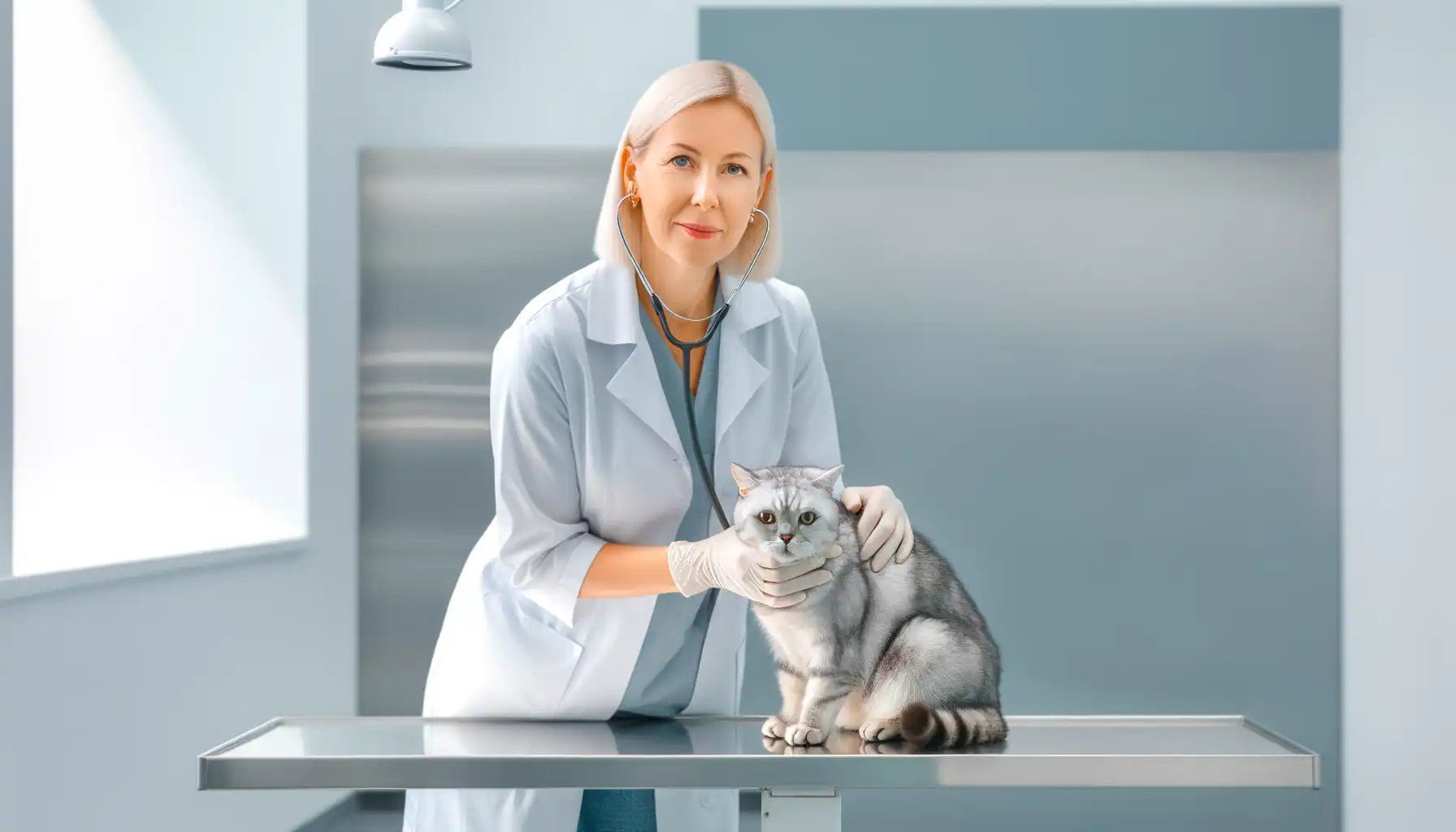 Ветеринар осматривает кошку на приёме: кошка мурчит при стрессе