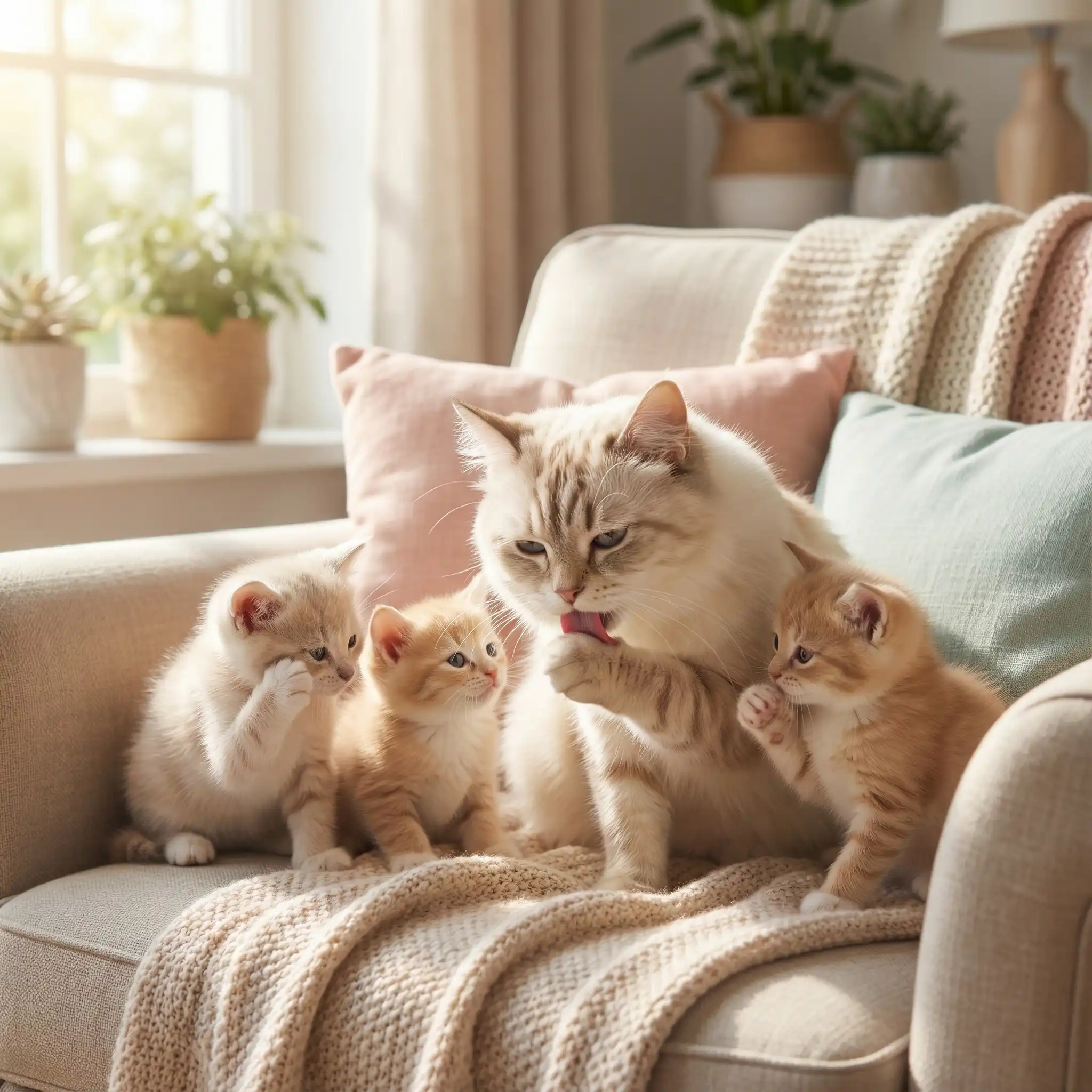 Кошка-мать обучает котят умыванию и социальным навыкам в домашней обстановке