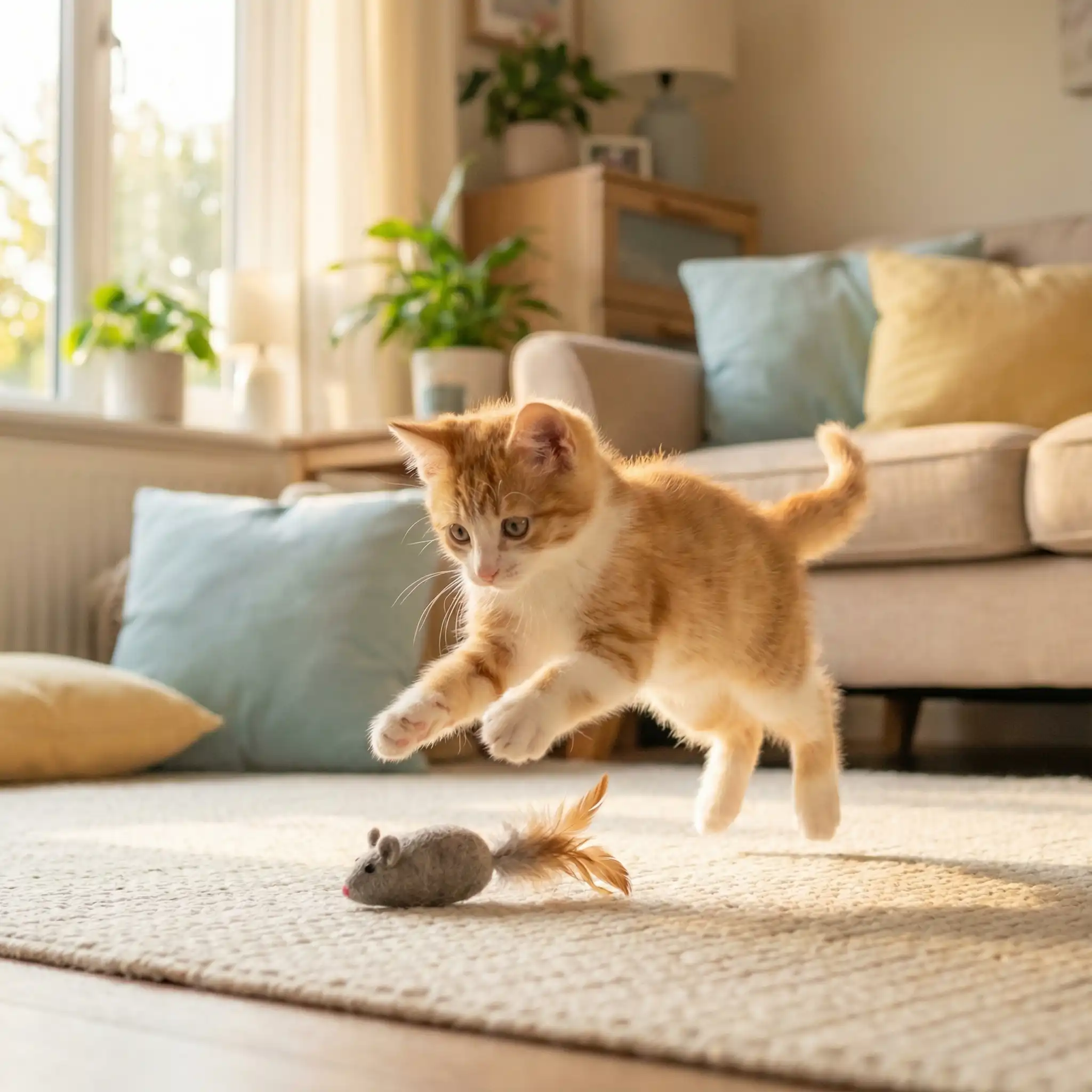 Трёхмесячный котенок играет с игрушкой в уютной домашней обстановке