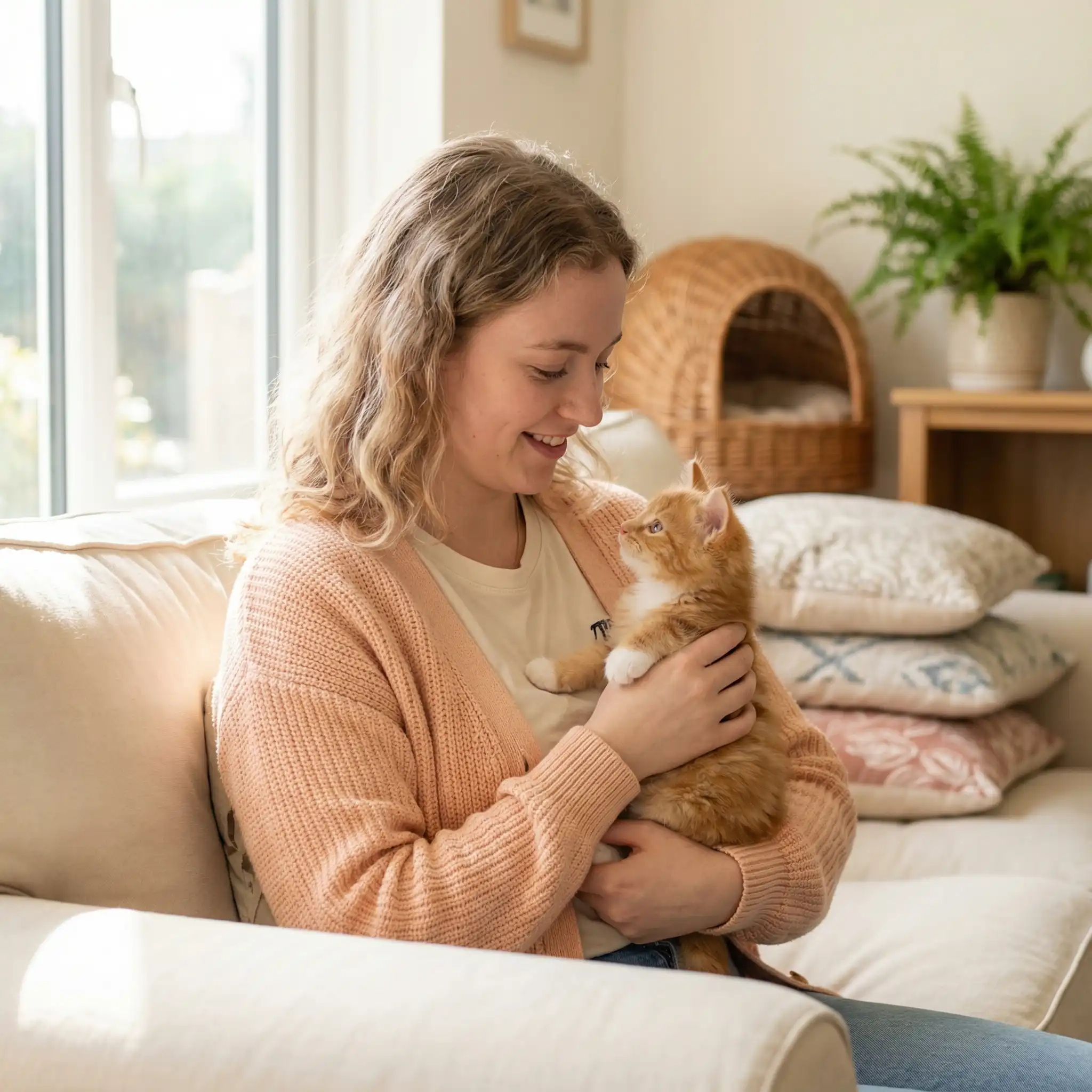 Молодая женщина нежно держит котенка в первые дни адаптации в новом доме
