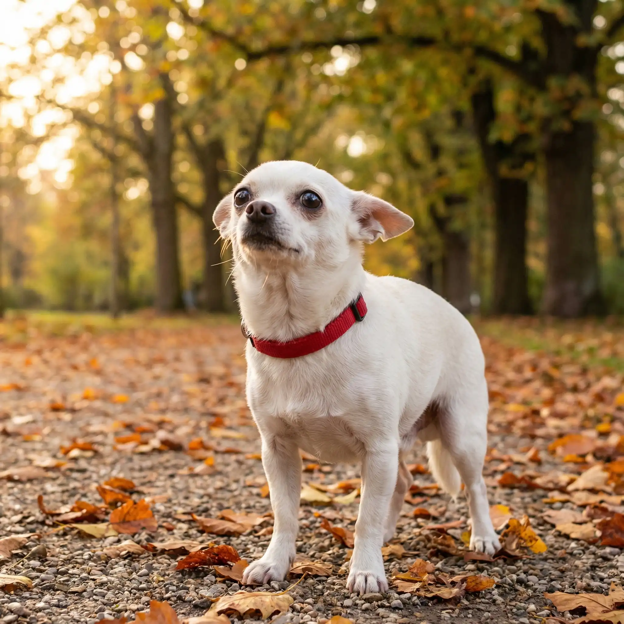 Маленькая собака дрожит на осенней прогулке в парке