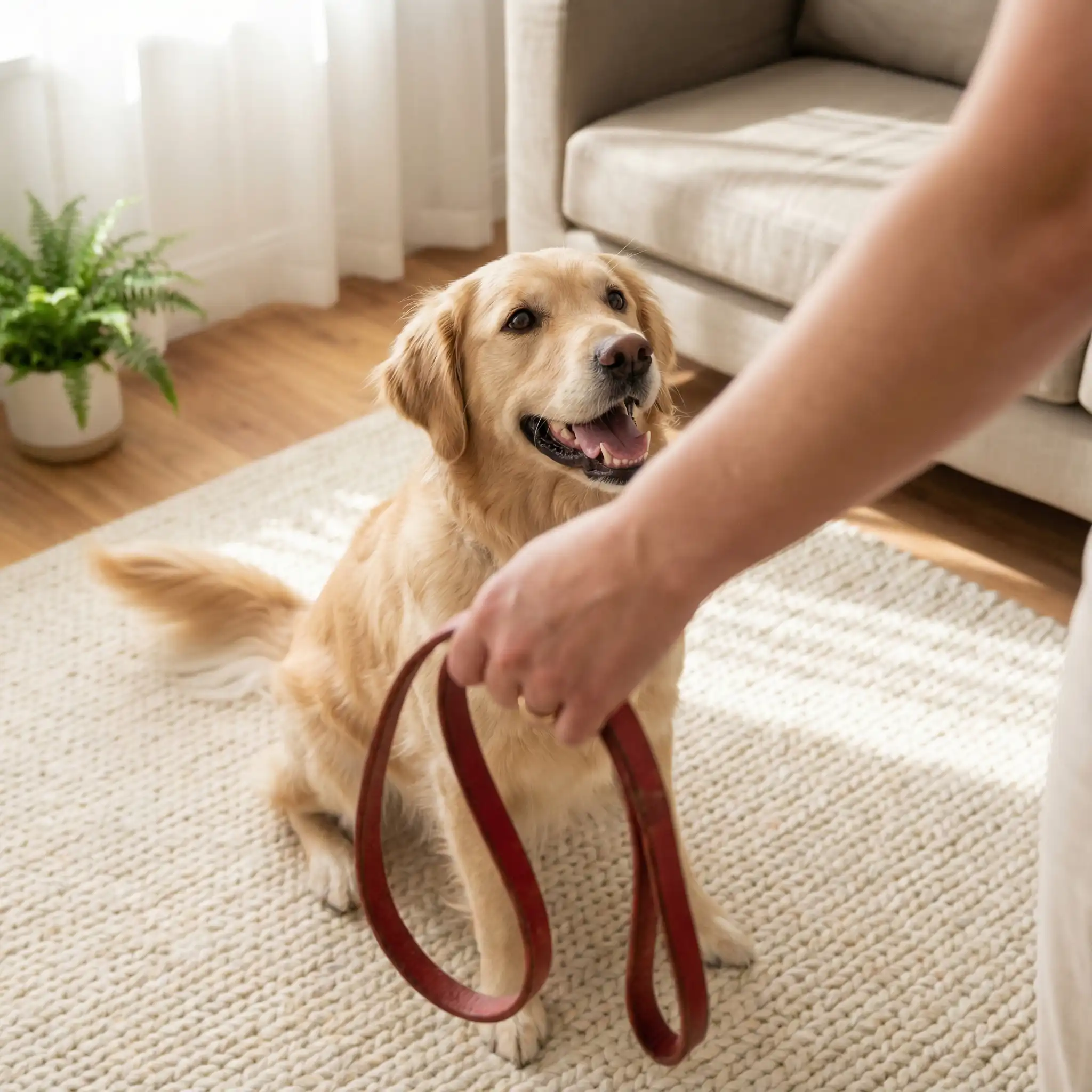 Радостная собака дрожит от предвкушения прогулки с поводком