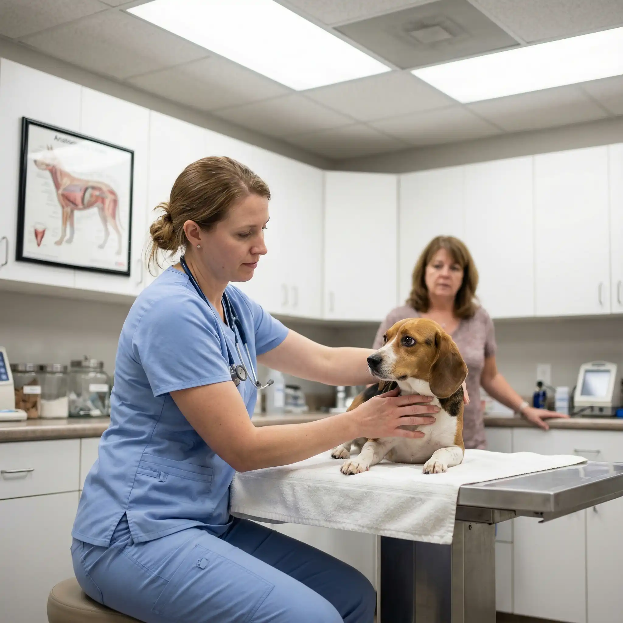 Ветеринар осматривает дрожащую собаку на приёме в клинике