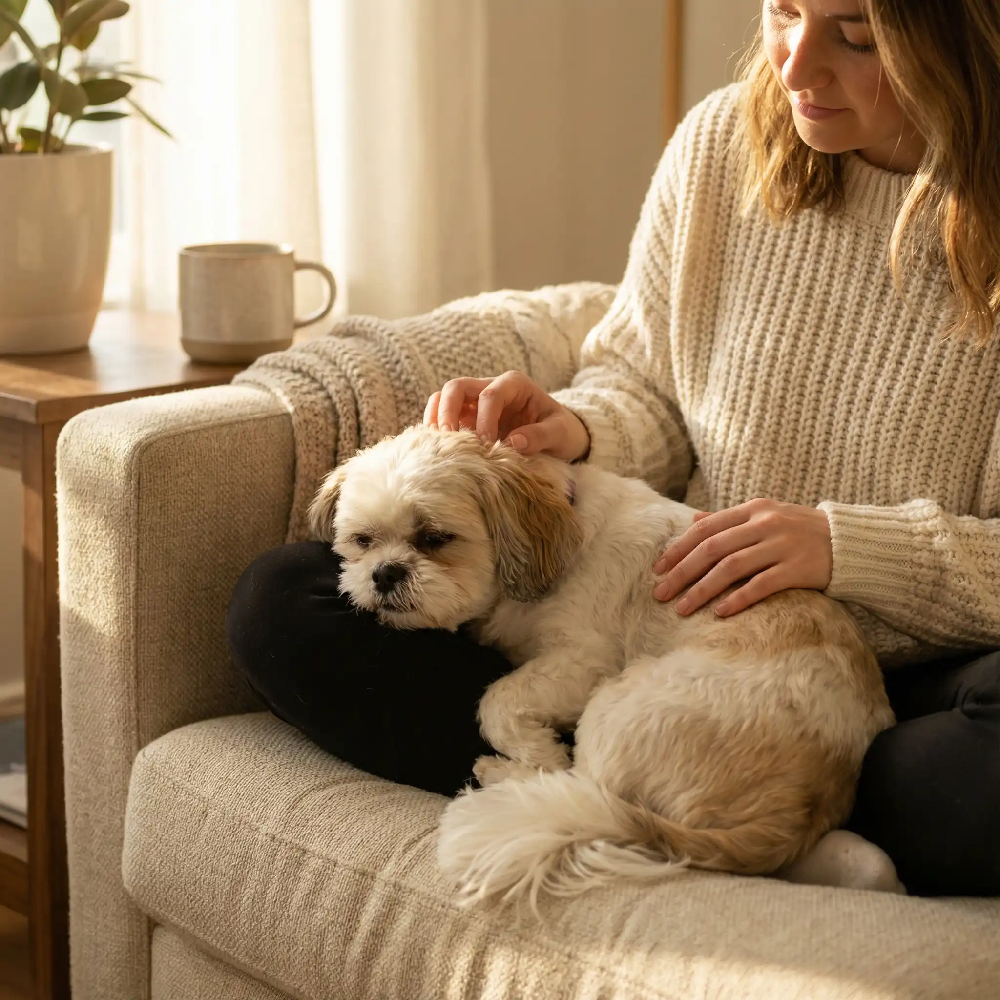 Владелец успокаивает дрожащую собаку нежными поглаживаниями дома