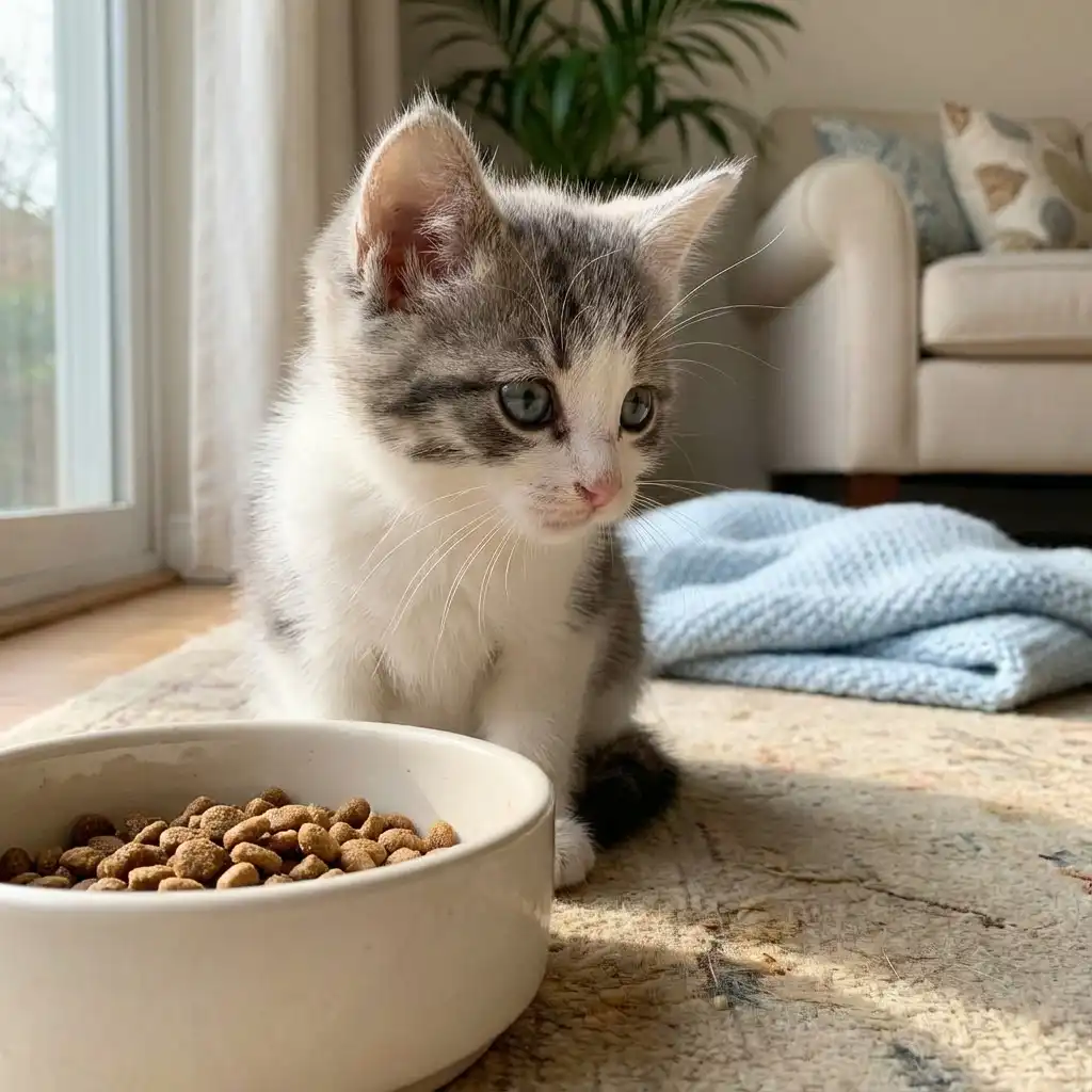 Грустный котенок сидит рядом с полной миской корма и отказывается есть