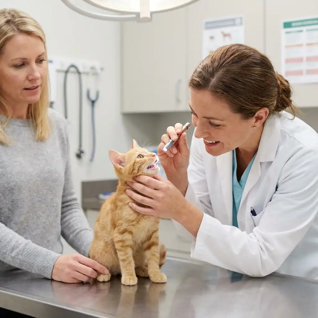 Ветеринар осматривает маленького котенка в клинике, владелица рядом