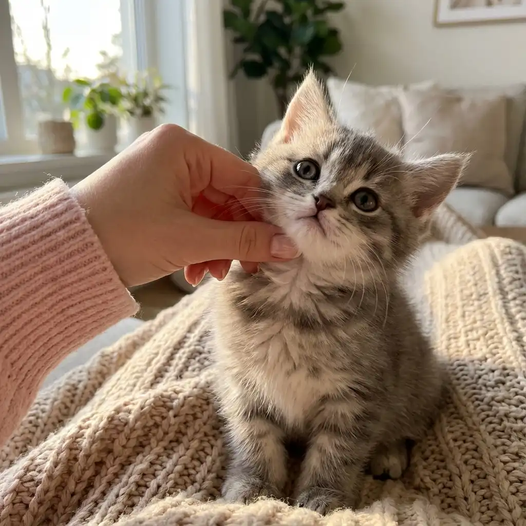 Владелица проверяет кожную складку на холке котенка для определения обезвоживания