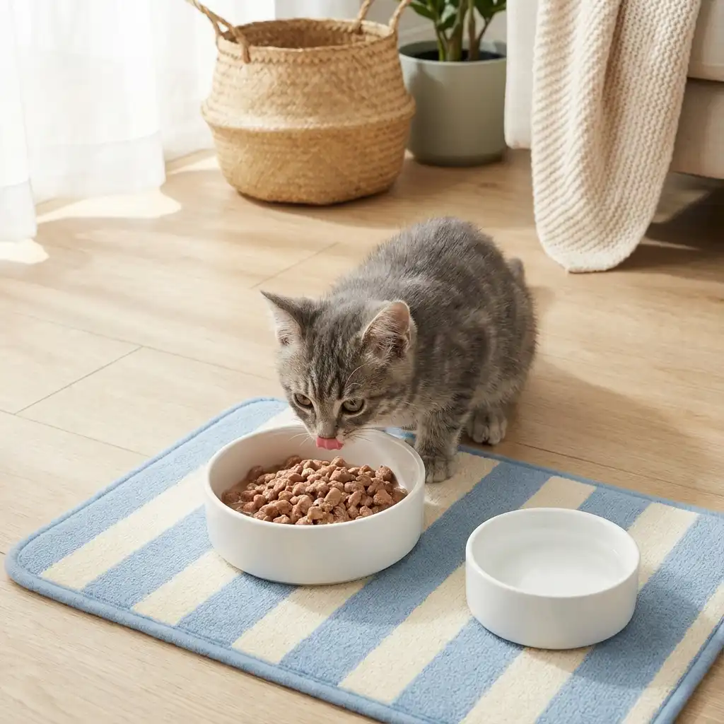 Котенок с аппетитом ест влажный корм из миски на полу