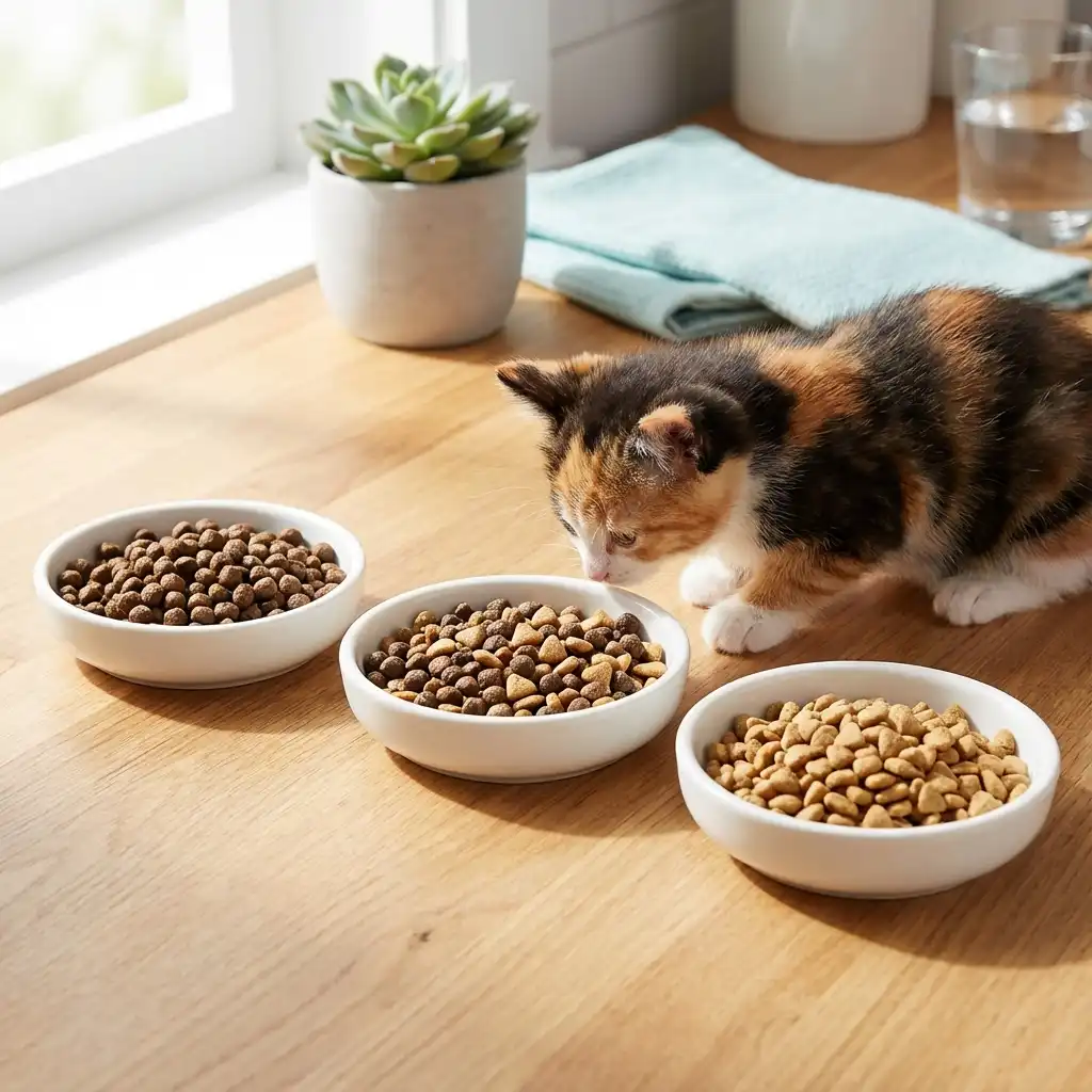 Три миски показывают постепенный переход котенка на новый корм