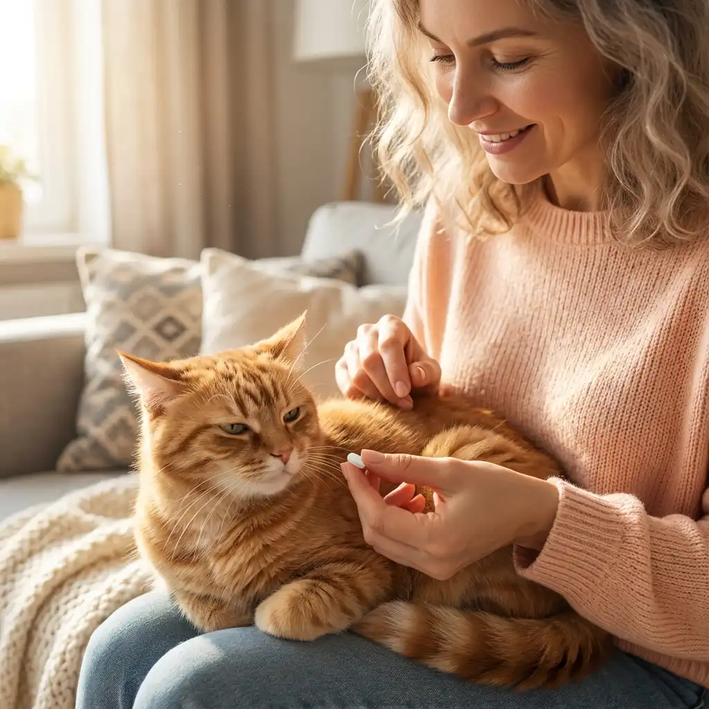 Женщина пытается дать таблетку рыжей кошке в домашних условиях