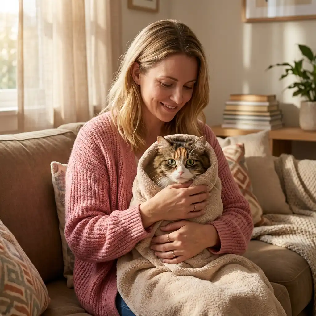 Безопасная фиксация кошки в полотенце перед дачей лекарства